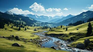 ai generiert szenisch Aussicht von Berg und Gras bedeckt Hügel foto