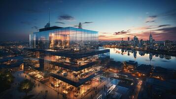 ai generiert Stadtbild von modern Gebäude in der Nähe von das Fluss. modern die Architektur Büro Gebäude. Wolkenkratzer mit Abend Himmel. foto