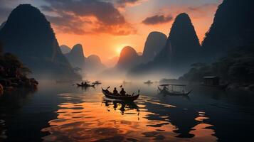 ai generiert li Fluss, China. Kalkstein Berge im das neblig Morgen. foto