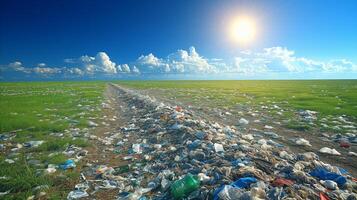 ai generiert Verschmutzung im ein Grün Feld, Plastik Abfall unter ein sonnig Himmel foto
