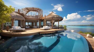 ai generiert Fantastisch Über Wasser Villa, Terrasse Aussicht mit Sonne Betten Stühle unter Regenschirm, Luxus Schwimmbad Hotel mit atemberaubend Ozean Aussicht foto