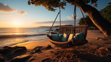 ai generiert Sonnenaufgang, tropisch Strand Paradies wie Sommer- Landschaft mit Strand schwingen oder Hängematte und Weiß Sand, Ruhe Meer heiter Strand. Luxus Strand Ferien Sommer- Urlaub. foto