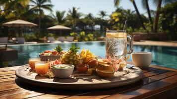 ai generiert Frühstück im Schwimmen Schwimmbad, schwebend Frühstück im luxuriös tropisch Erholungsort. Tabelle entspannend auf Ruhe Schwimmbad Wasser, gesund Frühstück und Obst Teller durch Resort Schwimmbad. foto