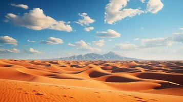 ai generiert schön Landschaft von Wüste Dünen Berge mit hell Wolken Himmel. minimal Natur Hintergrund. foto