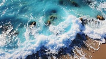 ai generiert Sommer- Meereslandschaft, Blau Meer Wasser im sonnig Tag. oben Aussicht von Drohne. am längsten Meer Antenne Sicht, tolle tropisch Natur Hintergrund. foto