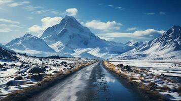 ai generiert Reise zu Island. Straße im ein hell sonnig Berg Landschaft. vatna Vulkan bedeckt mit Schnee und Eis auf tne Hintergrund foto