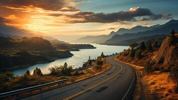 ai generiert szenisch gebogen Autobahn Asphalt Straße mit golden Himmel und Berg im das Sonnenuntergang foto