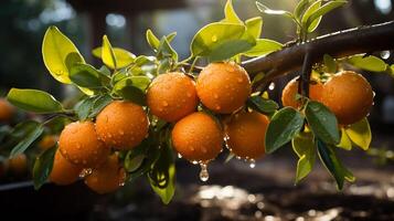 ai generiert das Orangen sind hängend auf ein Baum im das Garten Hintergrund foto