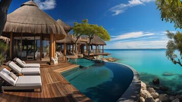 ai generiert Fantastisch Über Wasser Villa, Terrasse Aussicht mit Sonne Betten Stühle unter Regenschirm, Luxus Schwimmbad Hotel mit atemberaubend Ozean Aussicht foto