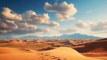ai generiert schön Landschaft von Wüste Dünen Berge mit hell Wolken Himmel. minimal Natur Hintergrund. foto