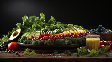 ai generiert Prinzipien und Regeln von ein gesund Lebensstil mit richtig Ernährung ausgewogen Diät Vegetarier Gemüse Früchte Keto Ketose foto