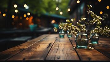 ai generiert leeren hölzern Tisch, Grün Bokeh Hintergrund foto