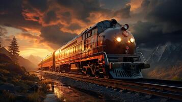 ai generiert Zug auf das Eisenbahn, Sonnenuntergang Hintergrund foto