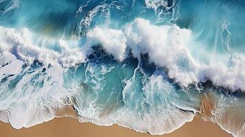 ai generiert Sommer- Meereslandschaft, Blau Meer Wasser im sonnig Tag. oben Aussicht von Drohne. am längsten Meer Antenne Sicht, tolle tropisch Natur Hintergrund. foto