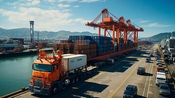 ai generiert Container Ladung Fracht Schiff während Entladen beim industriell Hafen, logistisch importieren Export Hintergrund und Transport Industrie Konzept foto
