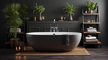ai generiert Innere von modern Badezimmer mit Grün Wände, hölzern Boden, komfortabel Badewanne und doppelt sinken mit Spiegel foto