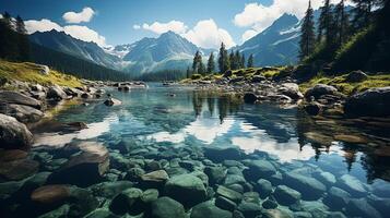 ai generiert genial Natur Landschaft. schön Szene mit hoch tatra Berg Spitzen, Steine im Berg See, Ruhe See Wasser, Betrachtung, bunt Sonnenuntergang Himmel. foto