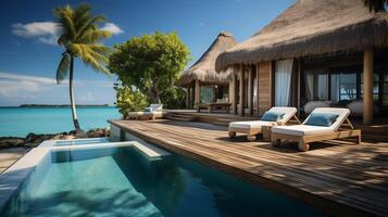 ai generiert Fantastisch Über Wasser Villa, Terrasse Aussicht mit Sonne Betten Stühle unter Regenschirm, Luxus Schwimmbad Hotel mit atemberaubend Ozean Aussicht foto