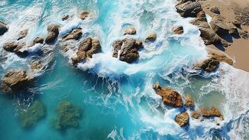 ai generiert Sommer- Meereslandschaft, Blau Meer Wasser im sonnig Tag. oben Aussicht von Drohne. am längsten Meer Antenne Sicht, tolle tropisch Natur Hintergrund. foto