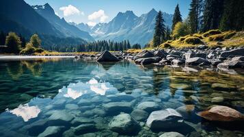 ai generiert genial Natur Landschaft. schön Szene mit hoch tatra Berg Spitzen, Steine im Berg See, Ruhe See Wasser, Betrachtung, bunt Sonnenuntergang Himmel. foto