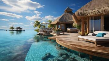ai generiert Fantastisch Über Wasser Villa, Terrasse Aussicht mit Sonne Betten Stühle unter Regenschirm, Luxus Schwimmbad Hotel mit atemberaubend Ozean Aussicht foto