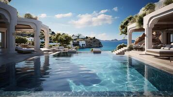 ai generiert Schwimmen Schwimmbad im Luxus Villa mit Meer Sicht. foto