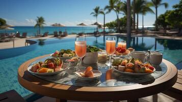 ai generiert Frühstück im Schwimmen Schwimmbad, schwebend Frühstück im luxuriös tropisch Erholungsort. Tabelle entspannend auf Ruhe Schwimmbad Wasser, gesund Frühstück und Obst Teller durch Resort Schwimmbad. foto