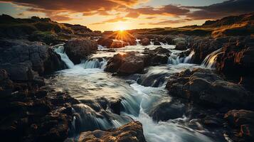 ai generiert Wasserfall beim Sonnenuntergang foto