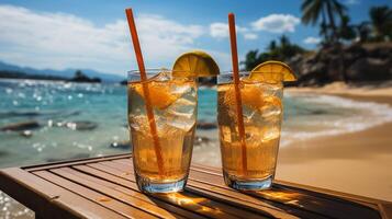 ai generiert zwei Brille von Saft mit einer Sein gehaltenen oben mit ein Stroh, schön Panorama- Natur. tropisch Strand wie Sommer- Insel Landschaft mit Stühle Regenschirm Palme Blätter Ruhe Meer Ufer, Küste. foto