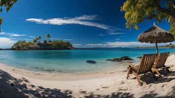 ai generiert schön Panorama- Natur. tropisch Strand wie Sommer- Insel Landschaft mit Stühle Regenschirm Palme Blätter Ruhe Meer Ufer, Küste. foto