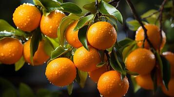 ai generiert das Orangen sind hängend auf ein Baum im das Garten Hintergrund foto