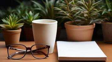 ai generiert Geschäft Konzept. oben Aussicht von leeren Notizbuch, Laptop, Tasse von Kaffee, saftig Pflanze und Brille Über Licht Schreibtisch. foto