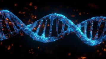 ai generiert glühend DNA Strand mit funkelnd Partikel auf dunkel Hintergrund foto