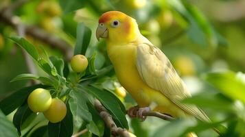 ai generiert Gelb Lovebird thront auf ein Ast inmitten Grün Laub foto