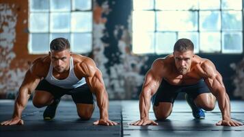 ai generiert entschlossen männlich Athlet tun Liegestütze im ein Fitnessstudio Rahmen foto