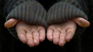 ai generiert ausgestreckt Hände im gestrickt Handschuhe gegen dunkel Hintergrund foto