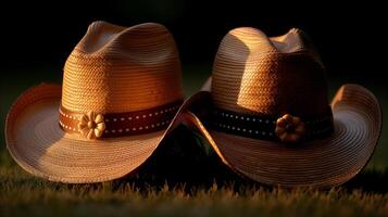 ai generiert golden Stunde Stroh Cowboy Hüte auf Gras foto
