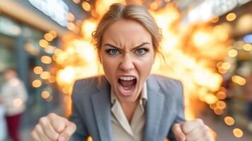 ai generiert frustriert Geschäftsfrau ausdrücken Empörung mit Flammen im Hintergrund foto