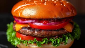 ai generiert Nahansicht Bild von ein köstlich Cheeseburger mit frisch Gemüse und Rindfleisch Pastetchen foto