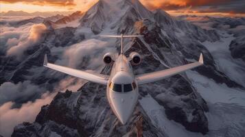 ai generiert Privat Jet Über schneebedeckt Berg Angebot beim Sonnenuntergang Luftfahrt Thema foto