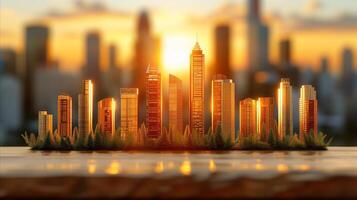 ai generiert golden Stunde Stadtbild mit glühend Wolkenkratzer und Grün foto