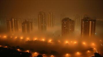 ai generiert Mystiker Stadtbild beim Nacht mit dicht Nebel und glühend Beleuchtung foto
