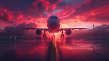 ai generiert kommerziell Flugzeug auf Runway während beschwingt Sonnenuntergang, Reise Konzept foto