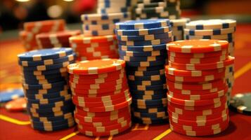ai generiert Stapel von Poker Chips auf ein beschwingt Kasino Tabelle foto