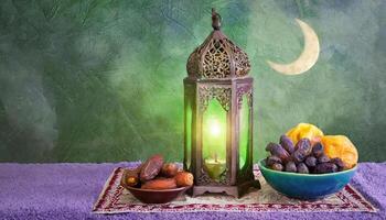 ai generiert traditionell Ramadan und eid Laterne Lampe mit Halbmond Mond, Termine und Früchte im ein Schüssel auf Teppich, generiert ai foto