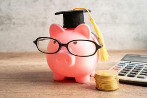 Schweinchen Bank tragen Brille mit mit Münzen und Taschenrechner Speichern Bank Bildung. foto