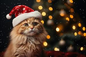ai generiert süß Katze im rot Hut auf Weihnachten schneebedeckt Nacht, Urlaub Bokeh Beleuchtung mit Kopieren Raum foto