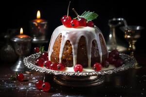 ai generiert Weihnachten Pudding auf das Tisch, Nahansicht von ein köstlich Süss Dessert mit Preiselbeeren auf ein Teller foto