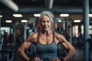 ai generiert Senior Menschen und Sport Bodybuilding. Alten sportlich weiblich Bodybuilder im Fitnessstudio, Porträt kaukasisch aktiv muskulös Sportlerin suchen beim Kamera foto