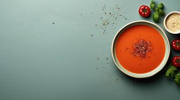 ai generiert oben Aussicht Tomate Suppe mit Gewürze und Zutaten auf Blau Hintergrund, Kopieren Raum Banner foto